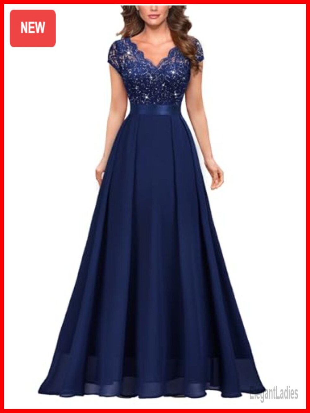 V-Neck Sequined Floral Lace Formal Evening Maxi Dress Cap Sleeve A-Line